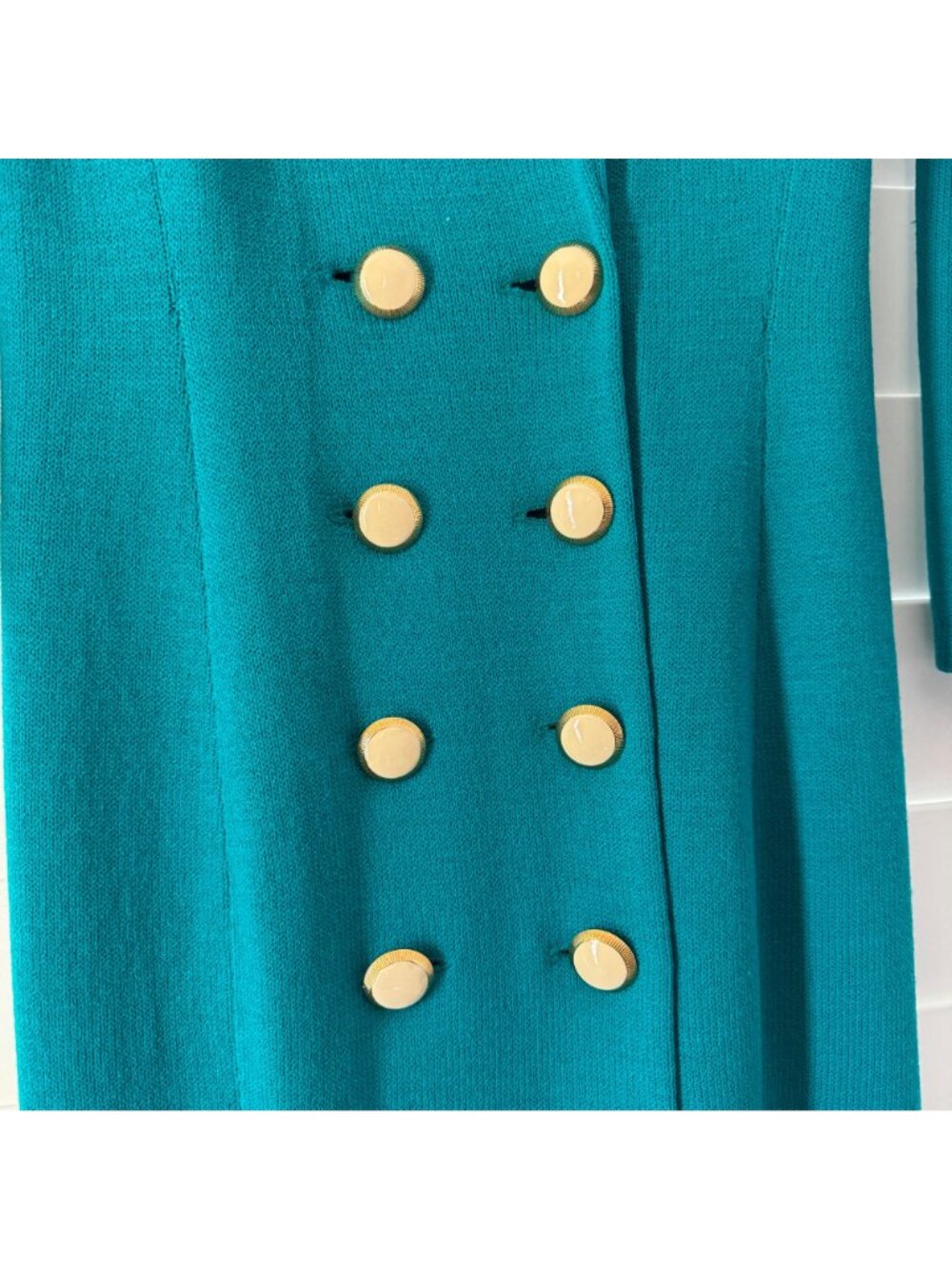 St. John Teal Santana Knit Body Con Dress Double Breasted Ornate Buttons, Sz 4 - Picture 4 of 8